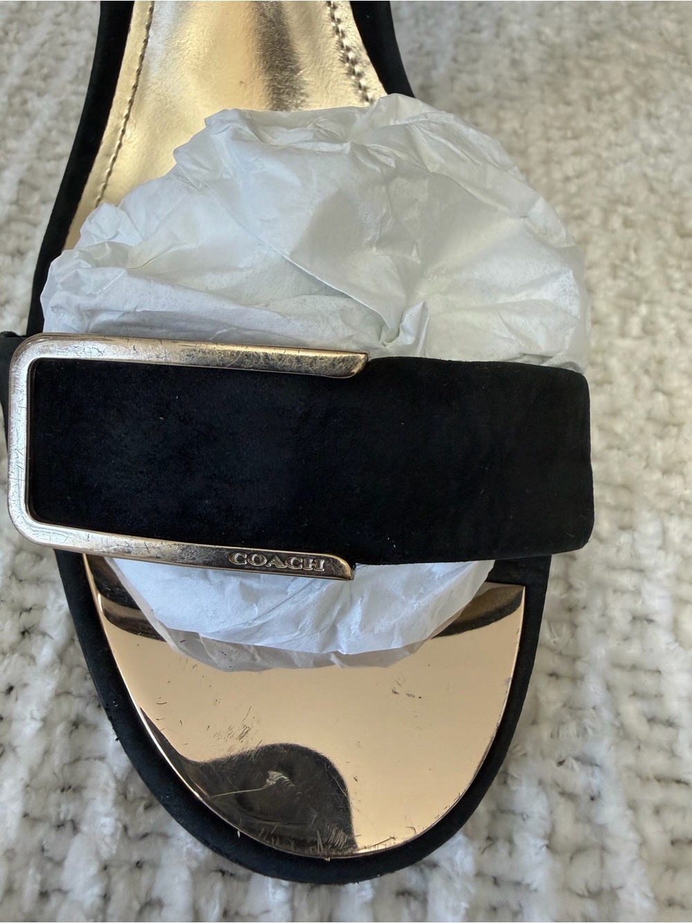 Coach Black Suede Slide with Gold-Tone Accent